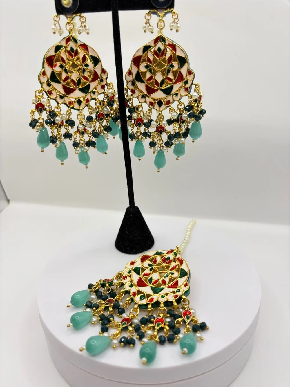 Green Jade Beads Gold Kundan Chandbali Earrings with Maang Tikka